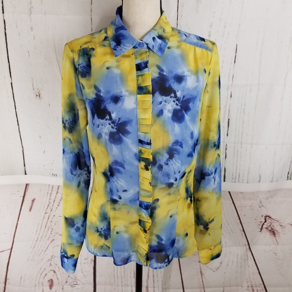 Evan Picone Button Down Sz 8 Yellow Blue Floral